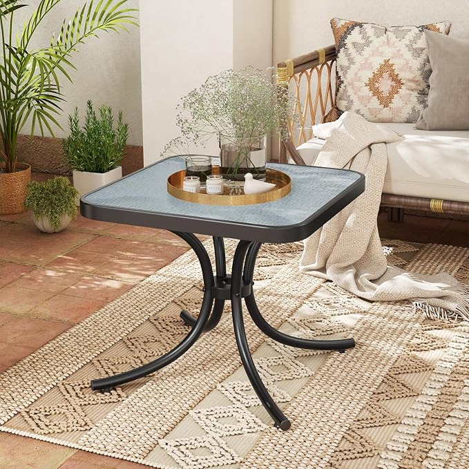 Giantex Small Outdoor Side Table with Tempered Glass Top, Heavy-Duty Metal Frame, 110 Lbs Capacity, Square Patio Table for Balcony, Porch, Backyard, Deck, Black