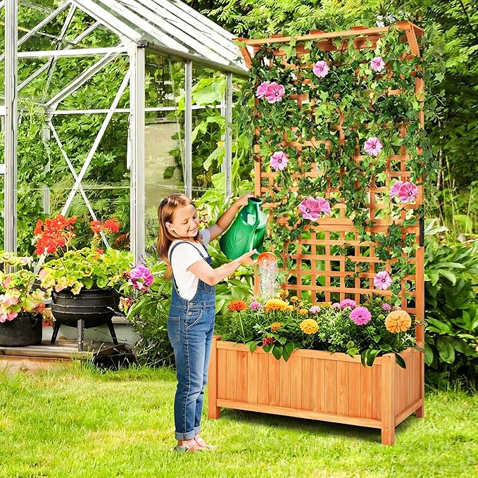 COSTWAY Raised Garden Bed with Trellis, Indoor & Outdoor Wooden Planter Box with Hanging Roof, Drainage Holes, Freestanding Vertical Planter for Vines, Climbing Plants, Flowers, Vegetables