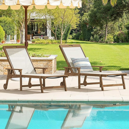 LUE BONA Chaise Lounge Chair Outdoor Set of 2, HDPS and HDPE Wicker Chaise Lounger with 5 Positions, Pool Lounge Chairs with Wheels and Adjustable Backrest for Patio, Poolside, Deck, Backyard