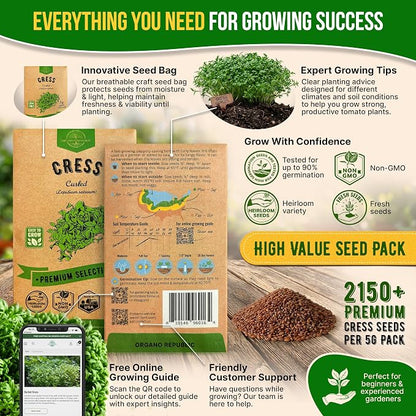 Organo Republic Curled Cress Seeds Pack 5G - Over 2,150 Non-GMO Heirloom Cress Seeds for Planting Greens in Individual Seed Packet, Greens Seeds for Planting Home Garden Indoor & Outdoor Gardening