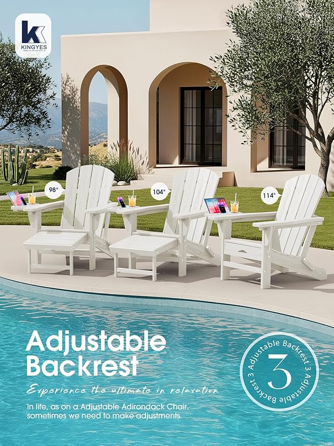 KINGYES Adjustable Folding Adirondack Chair with Footrest & 4-in-1 Multi-Functional Armrest Organizer, HDPE Foldable Reclining Adirondack Chair with Pull-Out Ottoman, White