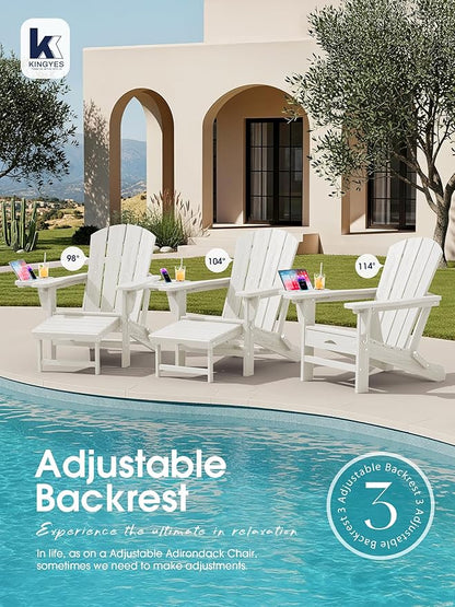 KINGYES Adjustable Folding Adirondack Chair with Footrest & 4-in-1 Multi-Functional Armrest Organizer, HDPE Foldable Reclining Adirondack Chair with Pull-Out Ottoman, White