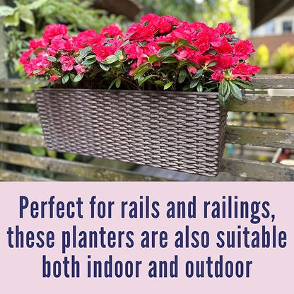 LaLaGreen Deck Railing Planter Box (20 Inch, 4 Pack) Brown Rectangular Window Flower Boxes with Bracket, Self Watering System Hanging Planter Box for Outdoor Plant Container Herb Rail Fence Balcony
