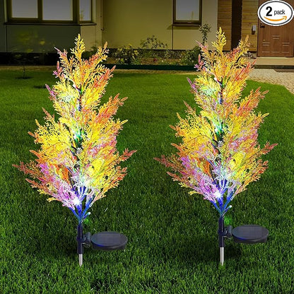 Solar Garden Lights Outdoor, 2 Pack Solar Flower Lights with Realistic 36 Lush Cypress Leaves, 12H Auto On/Off, Multi-Color Changing Light Waterproof for Garden Yard Decoration