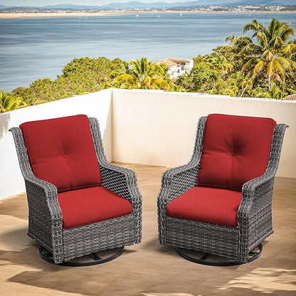 Swivel Patio Chair Outdoors - 360 Degree, Glider Chair with 3.5" Olefin Fabric Cushions (Mixed Grey Rattan/Red)