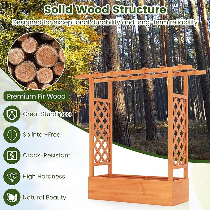 S AFSTAR Raised Garden Bed with Trellis, 2-in-1 Fir Wood Planter Box with Flat Roof & Drainage Holes, Vertical Planter Raised Bed for Climbing Plants, Flowers & Vegetables, 43" x 14" x 45" (Orange)