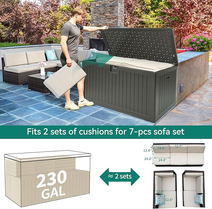 YITAHOME 230 Gallon Large Deck Box with Divider & Side Handles, Outdoor Double-Wall Storage for Patio Furniture Cushions, Garden Pool Accessories, Water Resistant & Lockable