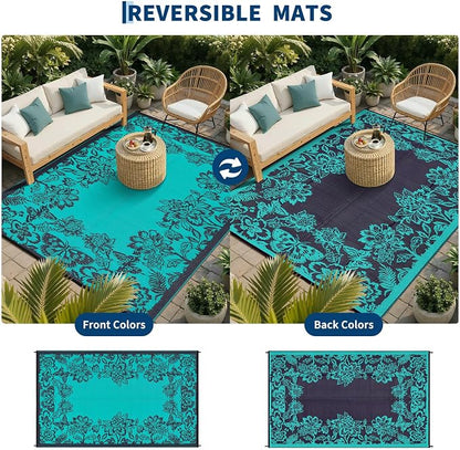 Garvee 5’x8’ Waterproof Patio Outdoor Rug, Outdoor Plastic Straw Rug for Camping, RV Mat Outside, Indoor Outdoor Carpet for Porch, Deck, Backyard, Balcony, Picnic, Dark Blue & Teal