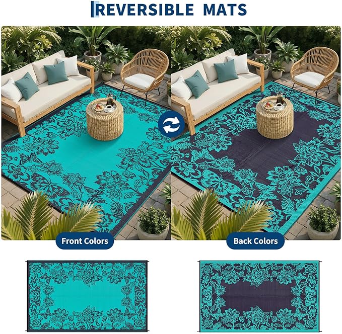 Garvee Outdoor Rugs 9' x 12’ Waterproof Reversible Mats, Large Area Plastic Straw Rug, Outside Carpet, Butterfly Floral Rv Mat for Patio Camping Picnic Backyard Deck Balcony Porch Beach Trailer