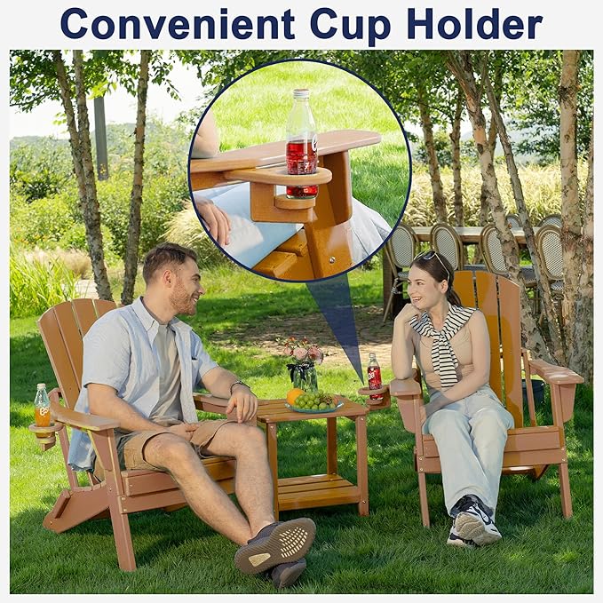 Plawdlik Folding Adirondack Chair, Cup Holder,SGS Tested, Wooden Textured, Heavy All-Weather HDPE Comfortable Set Poolside Backyard Lawn Teak Set 2