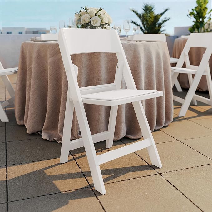 Flash Furniture Hercules Tucker Commercial White Resin Folding Chair - Lightweight, Vinyl Padded Removable Seat, Indoor Outdoor Use, Event & Wedding Ready, Set of 4