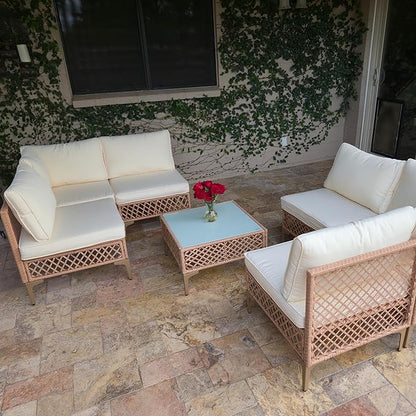 FHFO 7 Piece Outdoor Wicker Patio Furniture Set, Rattan Sectional Sofa Couch, Patio Conversation Set with Cushion & Coffee Table, for Backyard Poolside Porch Garden, Yellow/Beige