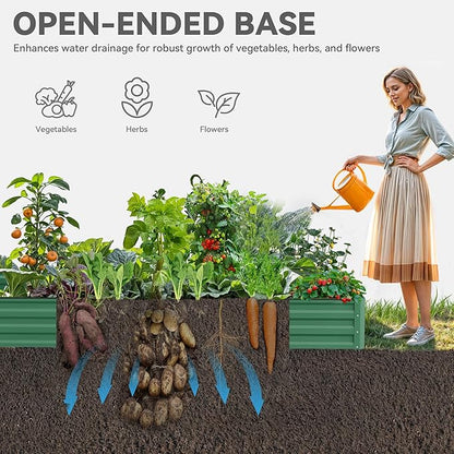 DWVO 2pcs 12 x 4 x 1 FT Raised Garden Bed Kit, Outdoor Galvanized Flower Bed with Safety Rubber and Gloves, Large Metal Planter Box for Vegetables, Flowers, Herbs, Fruits, Green