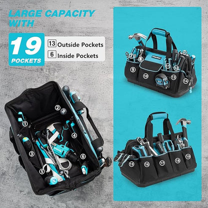 DURATECH 18-Inch Large Tool Bag with Waterproof Hard Bottom, Tool Bags for Men Heavy Duty with 19 Pockets, Wide Open Mouth Toolbag for Electricians Mechanic Plumber HVAC