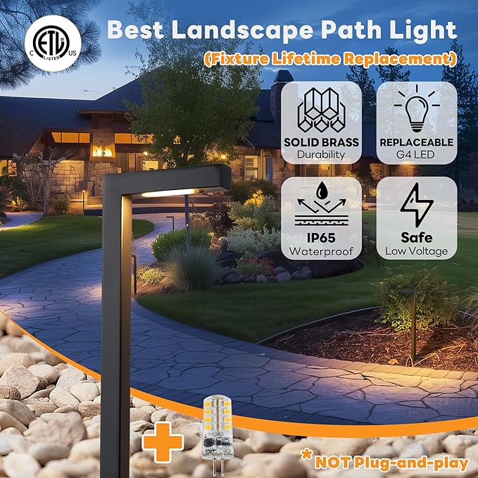 Gardenreet LED Pathway Lights Brass, 12V Landscape Path Lights Wired, Low Voltage Walkway Lights Outdoor Waterproof, L Shape Black for Backyard Garden with 3W 270LM 2700K G4 Bulb 8 Pack