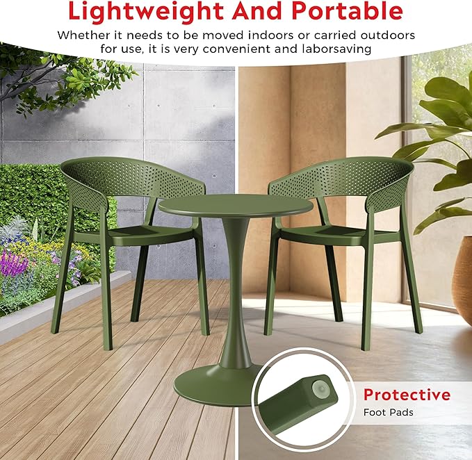 Costaelm Dining Table Set for 4, HDPE Patio Round Dining Table and Stackable Chair, Kitchen & Dining Room Sets All Weather for Backyard Porch Poolside, Olive Green