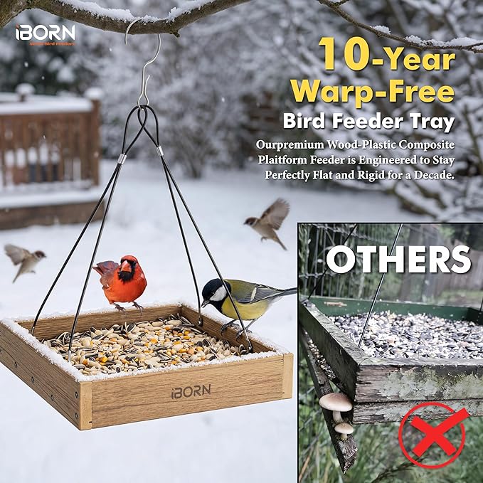 iBorn Platform Bird Feeder Tray Bird Feeders for Outdoors Hanging for Outside Flat Birdfeeder Tray with Large Capacity 3LBS, WPC Recycled Plastic & Cedar Look, Waterproof, 10.6"x10.6", Raw