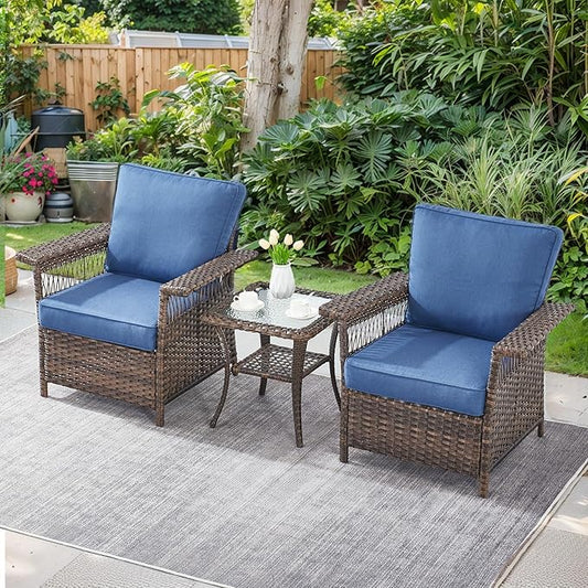 Patio Furniture Set 2 Wicker Patio Chairs with PE Rattan Side Table Set Brown Wicker Blue Cushions Patio Conversation Set 3pcs for Garden Balcony Sunroom Backyard Deck Porch