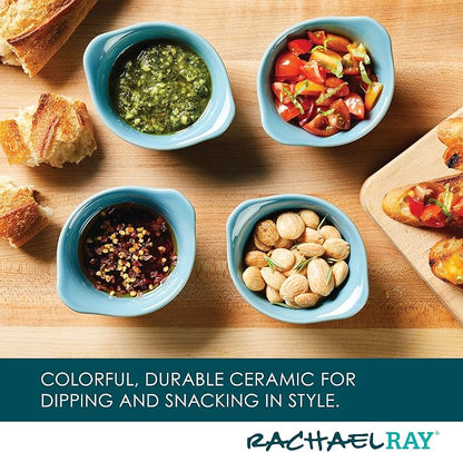 Rachael Ray Solid Glaze Ceramics Round Ramekins/Dipping Cup Set, 4 Piece, Agave Blue (Pack of 3)