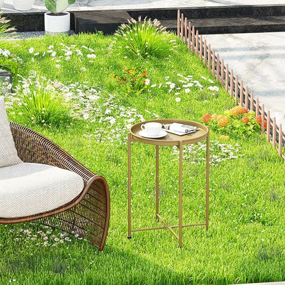 Garden 4 you Small Side Table, Gold Mini Round End Table, Tray Table with Metal Frame, Modern Nightstand for Living Room, Bedroom, Patio, Small Space, 1PCS
