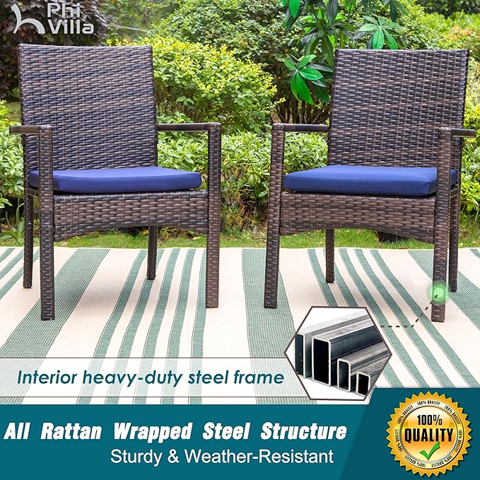 PHI VILLA 5 Piece Outdoor Dining Table Set for 4, 37" Wood Top Metal Dining Table with Umbrella Hole & 4 Cushioned Rattan Chairs for Patio, Deck, Porch, Yard