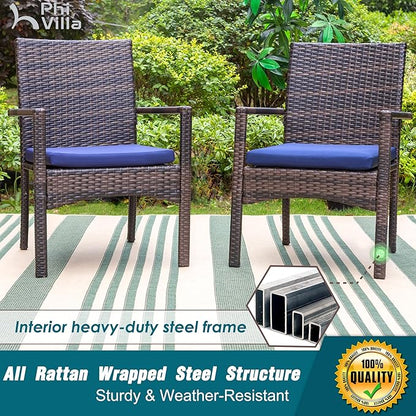 PHI VILLA 5 Piece Patio Dining Table Set for 4, 37" Square Outdoor Metal Table with Umbrella Hole & 4 Rattan Wicker Chair with Cushion for Deck, Yard, Porch