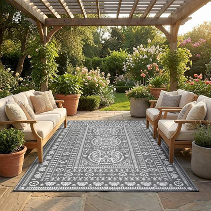 Garvee Reversible Outdoor Rug 9x18 for Patio, Waterproof Outdoor Area Rug, Modern Medallion Indoor Outdoor Rugs, Plastic Straw Rug for RV, Camping, Deck, Vintage Grey