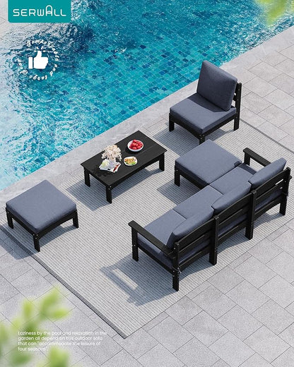SERWALL HDPE Patio Furniture Set,7 Pieces Patio Conversation Set, All-Weather Modular Patio Sofa Set with Removable Cushions and Coffee Table for Deck, Garden, Porch, Black Frame with Grey Cushion