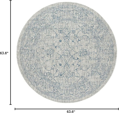 SAFAVIEH Washable Rug Outdoor Courtyard Collection - 5'3" Round, Grey & Navy, Non-Shedding & Easy Cleaning, Ideal for Patio, Backyard, Mudroom (CY8680-36812)