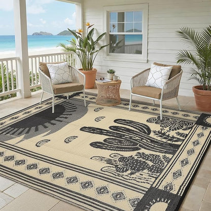 Garvee Waterproof Outdoor Rug 5x8, Cactus Botanical Outdoor Plastic Straw Rug for Camping, Reversible RV Mat Outside, Indoor Outdoor Carpet for Porch, Deck, Backyard, Balcony, Picnic, Black & Brown