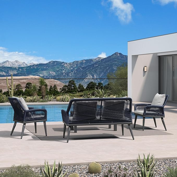 PURPLE LEAF 4-Piece Patio Conversation Set – Wicker Outdoor Furniture with Aluminum Table, 3 Rattan Chairs for 4 People, Thick Sofa Cushions, Ideal for Garden, Backyard, Lawn, or Poolside, Grey