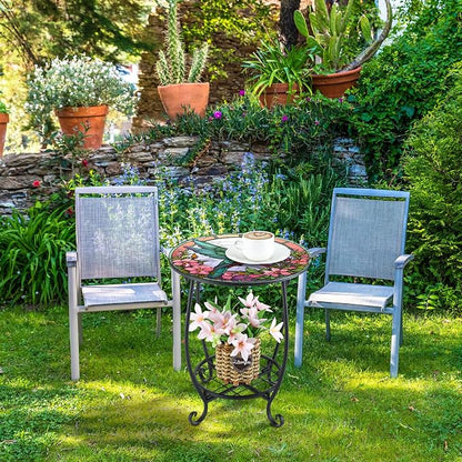 Cinnvoice Outdoor Side Table Round Small Mosaic Patio Accent Indoor End Plant Coffee Tea Table for Yard Patio Porch Garden Living Room, Bedroom(Hummingbird Style,16 Inch)