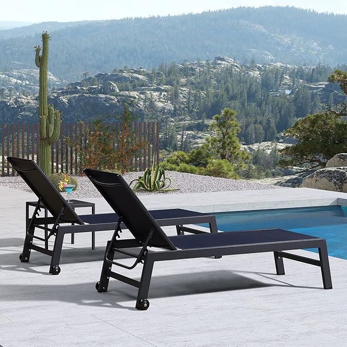 PURPLE LEAF Patio Chaise Lounge Set 2 Pieces Textilene Pool Lounge Chairs with Wheels Sunbathing Chair for Outdoor Yard (2 Navy Blue Lounges W/Side Table)