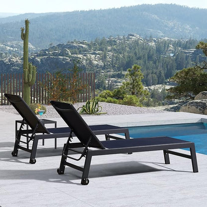 PURPLE LEAF Patio Chaise Lounge Set 2 Pieces Textilene Pool Lounge Chairs with Wheels Sunbathing Chair for Outdoor Yard (2 Navy Blue Lounges W/Side Table)