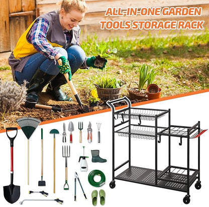 PLKOW Garden Tool Organizer with Wheels, Garden Tool Rack, Yard Tool Holder for Rakes, Shovel, Fertilizer, Garden Tool Storage for Garage, Shed, Outdoor