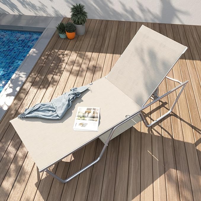 PHI VILLA 78“ Oversized Outdoor Chaise Lounge Chair, Foldable & Assemble Patio Lounge Chair with 5 Adjustable Backrest for Outside Poolside Beach Pool, Beige