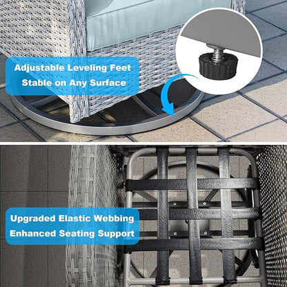 12-Piece Small Patio Furniture Set, Outdoor Swivel Rocking Chairs Set with 55,000 BTU Fire Pit Table Wicker Chairs and Ottomans, Patio Bistro Set for Balcony, Deck, Porch, Lake Blue