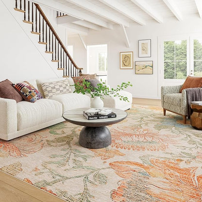 Dash & Albert Zell Multi Machine Washable Rug, 4 X 6 Feet, Multicolored/Tan Floral Pattern