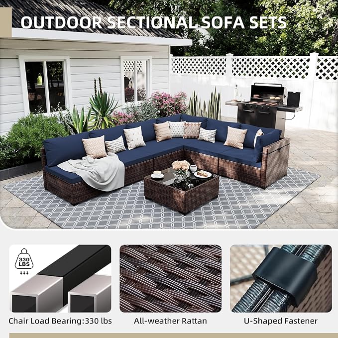 UPHA 10 Pieces Patio Furniture Sets Outdoor Sectional Sofa Wicker Conversation Couch with Bistro Swivel Chair for Decks, Backyards, Gardens, Brown Rattan, Navybule Cushion