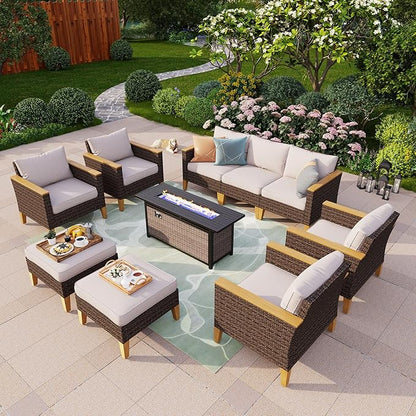 PHI VILLA 9-Seat Outdoor Wicker Furniture Set with 4-inch Thick Cushions, High Back Wicker Sofa with Gas Fire Pit Table for Cozy Patio Conversations in Elegant Beige (3 Seat Sofa)