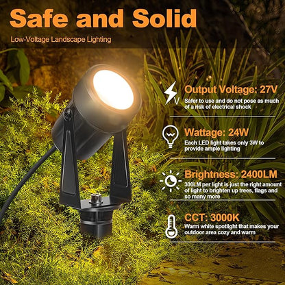 85.3FT LED Outdoor Landscape Spot Light Low Voltage, 24W Wired Uplight with Transformer, IP65 Waterproof Outside Plug-in lighting for Garden House Yard Tree Pathway, Warm White 3000K, Pack of 8