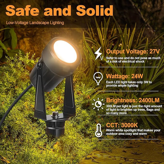 85.3FT LED Outdoor Landscape Spot Light Low Voltage, 24W Wired Uplight with Transformer, IP65 Waterproof Outside Plug-in lighting for Garden House Yard Tree Pathway, Warm White 3000K, Pack of 8