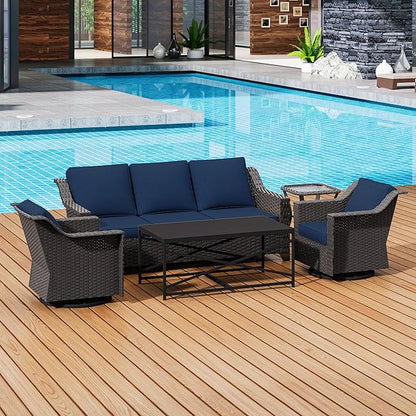 5 Pieces Outdoor Conversation Furniture Set - 77" Patio Sofa, 2 Swivel Rocker Chairs, 1 Side Table, 1 Metal Table, Patio Wicker Couch Set with Washable Cushions for Porch (Navy Blue)