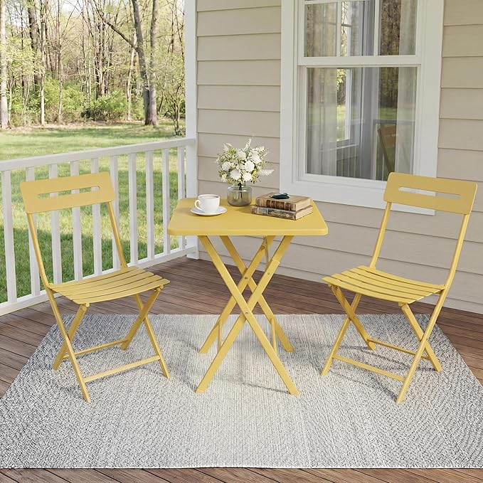 GarveeTech 3-Piece Folding Bistro Set, Heavy Duty Outdoor Patio Furniture with 2 Chairs & 1 Table, Weather-Resistant Steel Frame, No Assembly Required for Garden, Yard, Balcony,Yellow