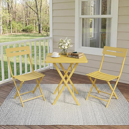 GarveeTech 3-Piece Folding Bistro Set, Heavy Duty Outdoor Patio Furniture with 2 Chairs & 1 Table, Weather-Resistant Steel Frame, No Assembly Required for Garden, Yard, Balcony,Yellow