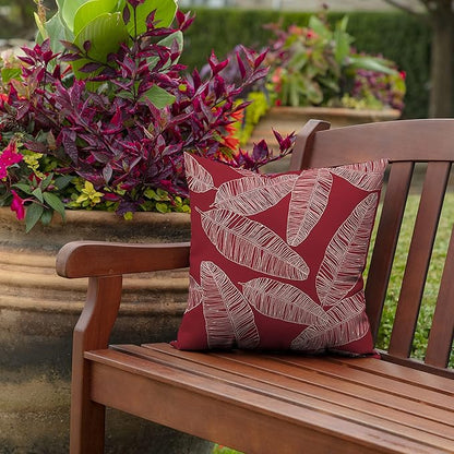 Arden Outdoor Throw Pillows 2 Pack, 16x16 Patio Accent Cushions, Water & UV Resistant, Fade Resistant Outdoor Decorative Pillows with Recycled Polyfiber Fill, Red Leaf Palm