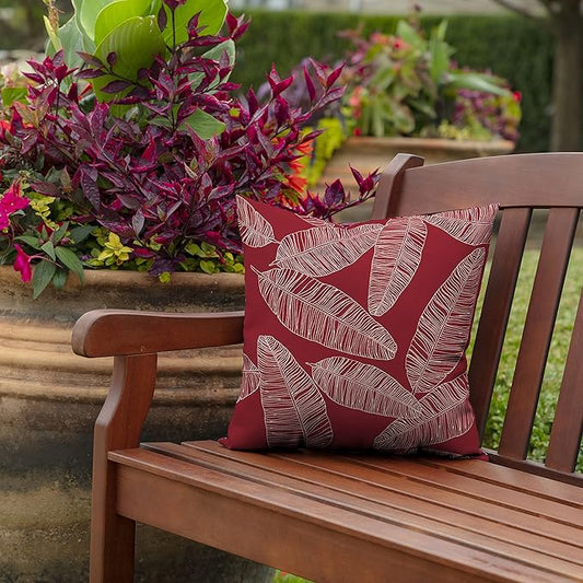 Arden Outdoor Throw Pillows 2 Pack, 16x16 Patio Accent Cushions, Water & UV Resistant, Fade Resistant Outdoor Decorative Pillows with Recycled Polyfiber Fill, Red Leaf Palm