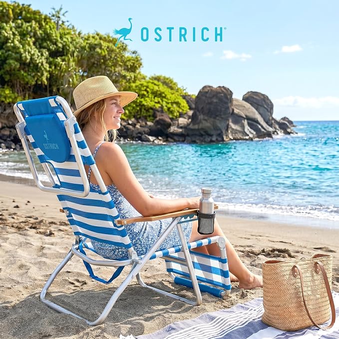 Ostrich the Original 3N1 Lightweight Beach Reclining Lounge Chair with Footrest, Outdoor Furniture for Patio, Balcony, Backyard, or Porch, Blue Stripe