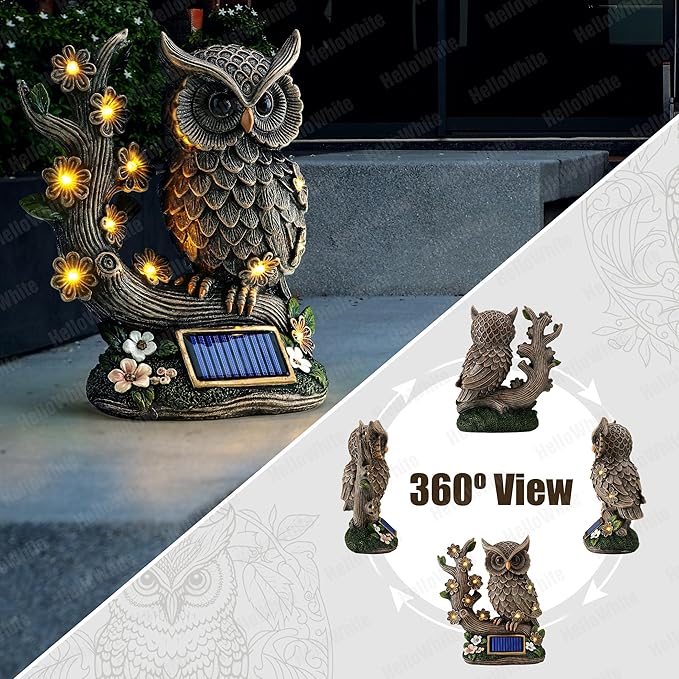 Solar Statue Owl with LED Lights – Outdoor Garden Decor for Outside, Yard Art Figurine for Lawn Decorations, Resin Owl Garden Statues for Patio & Pathway Decor