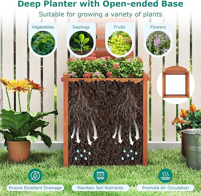 Giantex Wood Raised Garden Bed with Trellis, Outdoor Planter Box w/Open-Ended Base for Climbing Plants, 18'' Planting Depth Freestanding Privacy Planters Trellis Planter for Patio, Backyard